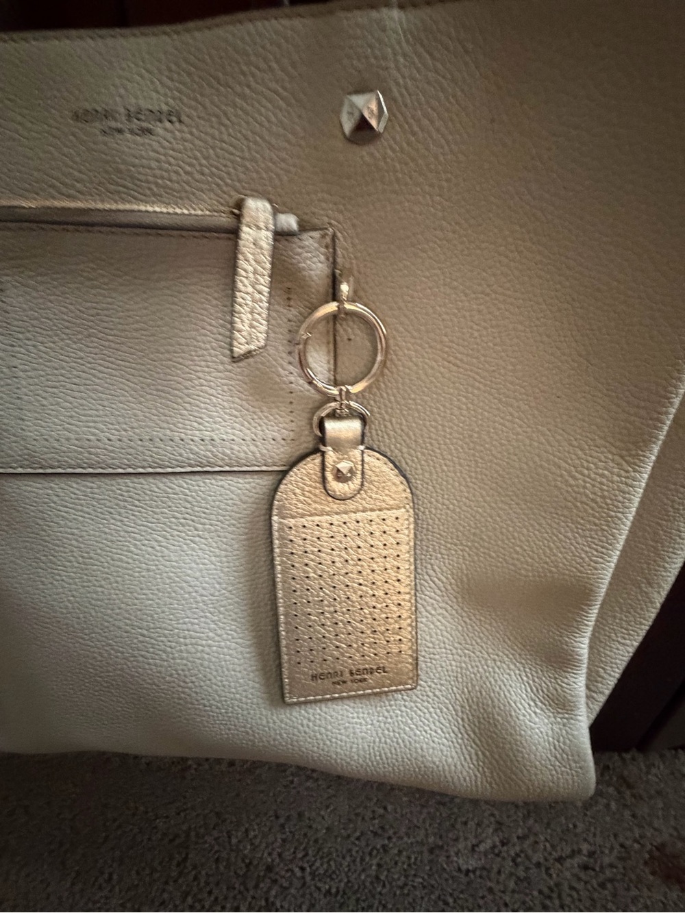 Henri Bendel Cream Pebbled Leather Tote with Striped Bendel Key Charm - Picture 5 of 12
